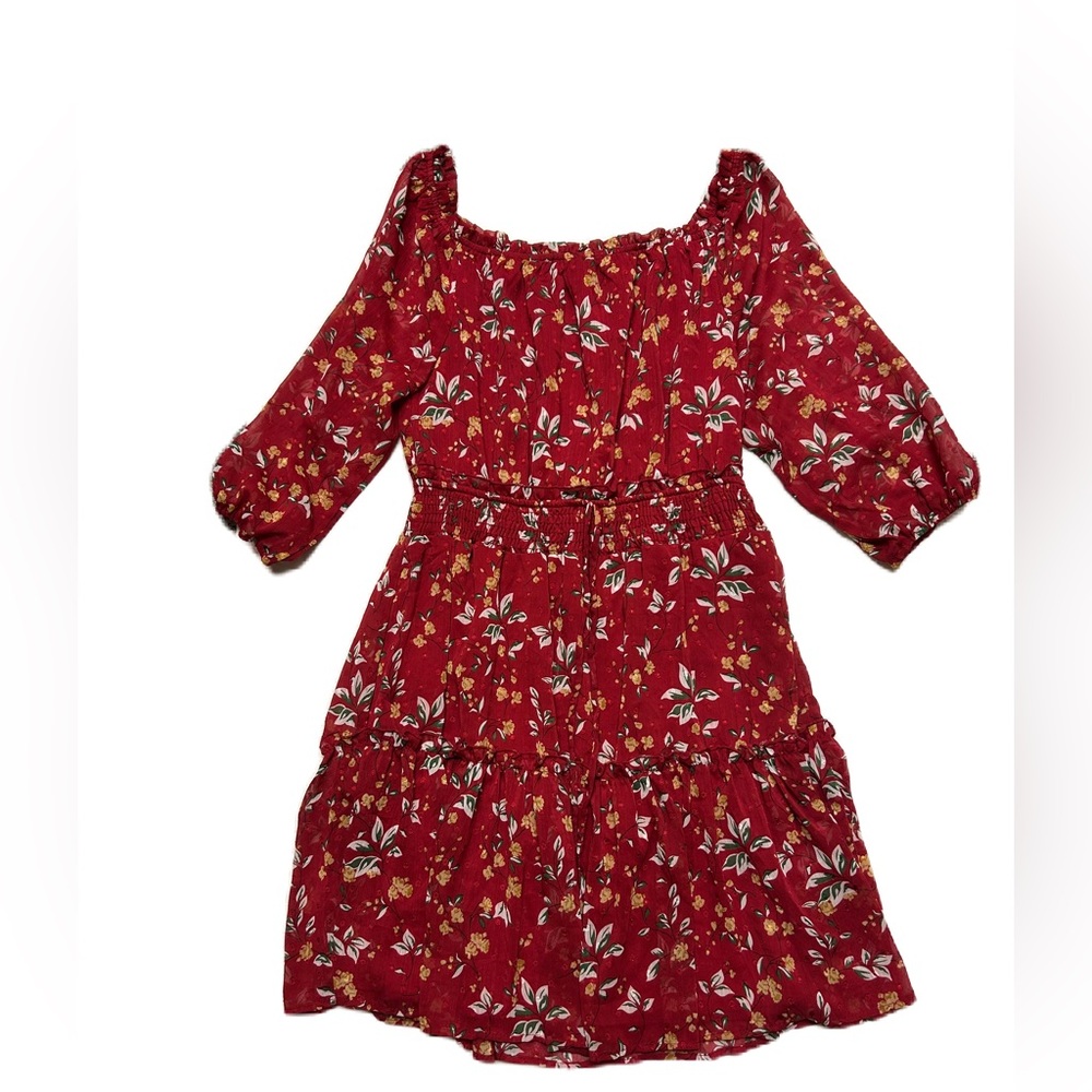 Ryan Michelle Midi Dress Womens L Petite Floral Cottagecore Coastal Smocked Red